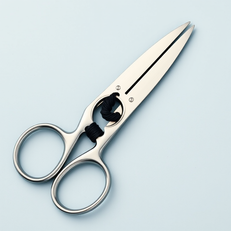 Create a high-resolution image of a pair of silver scissors with a black thread through the ring, using a DSLR camera with a 50mm lens, aperture f/2.8, ISO 100, natural lighting, shot from an overhead view for a clean and detailed presentation.