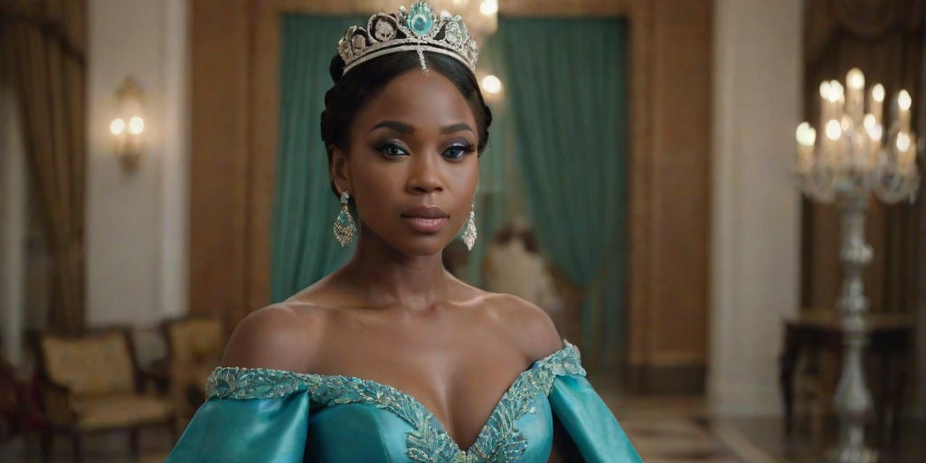 A gorgeous Garifuna woman in a luxurious cyan gown, accessorized with a dazzling tiara and statement earrings, her deep green eyes highlighted by impeccable makeup, poised in a royal setting, photorealistic, 8K quality