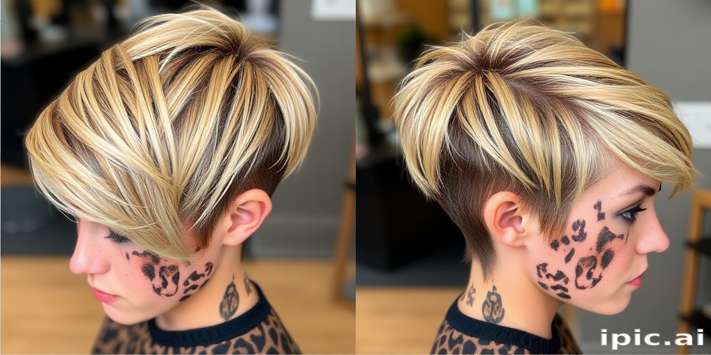 Fierce leopard print pixie cut called "Wild Instinct" showcases a daring combination of golden blonde base with strategic placement of dark brown and black spots