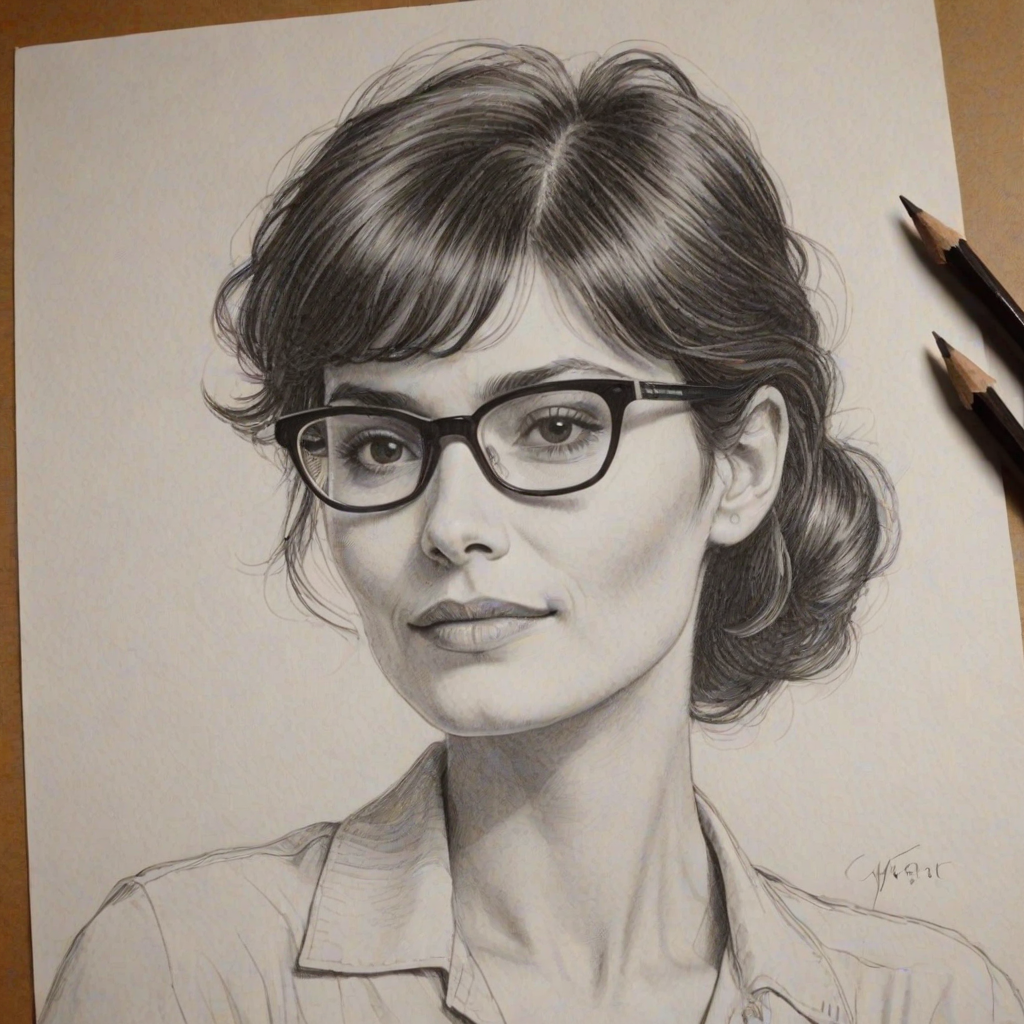 Wonderful Audrey Tautou, pencil sketch, portrait of Wonderful woman 1978s in glasses, hair style beatnik, outline, clear lines, fine lines, 8k