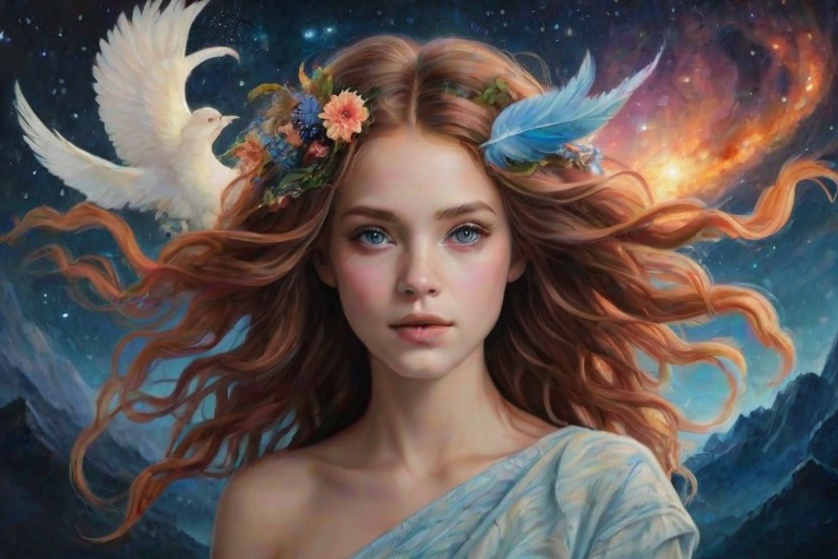 Create a series of imaginative portraits where each subject is infused with elements of fantasy and nature. The hair of the individuals should flow like clouds, varying from soft, fluffy cumulus to wispy cirrus strands, with hints of color reflecting a sunset or a clear blue sky. The eyes should be windows to entire galaxies, with stars, nebulae, and distant planets visible within them. Clothing should be adorned with nature motifs, such as floral patterns that bloom and change, vines that seem to grow and wrap around, or feathers that shimmer with iridescence. Each portrait should capture a unique personality, blending human features with the ethereal beauty of the natural and cosmic world. The backgrounds can vary, from starry night skies to enchanted forests, adding depth and context to the magical realism of the portraits