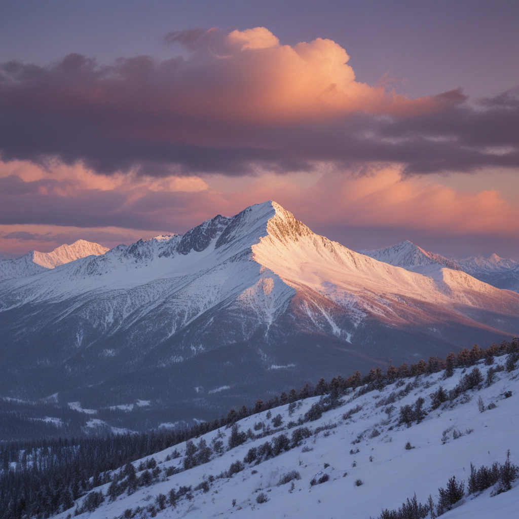 beatiful sunset over a snowy mountain range in a snowstorm