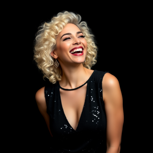 create a high-resolution portrait of a woman with platinum blonde curly hair laughing, wearing a black sequined dress, positioned against a plain black background, captured with a Canon EOS 5D Mark IV, using a 50mm f/1.8 lens, at ISO 100, aperture f/2.8, shutter speed 1/200 sec, in a warm, soft focus style to enhance image quality.