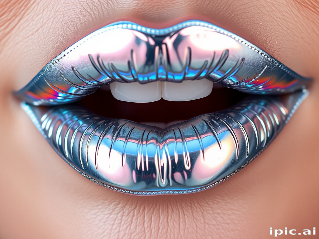 Holographic silver lips with a mirror-like shine, futuristic and eye-catching, perfect for creating an otherworldly appearance