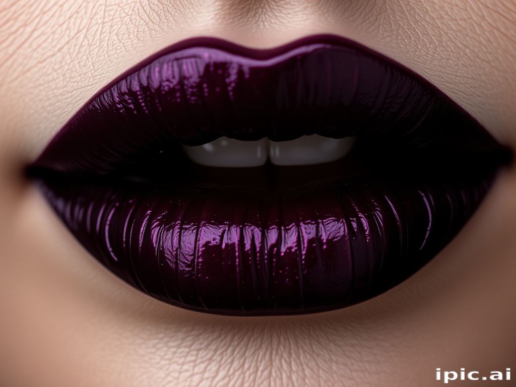 Sultry deep plum lips with a metallic sheen, enigmatic and alluring, perfect for those who dare to embrace their dark side