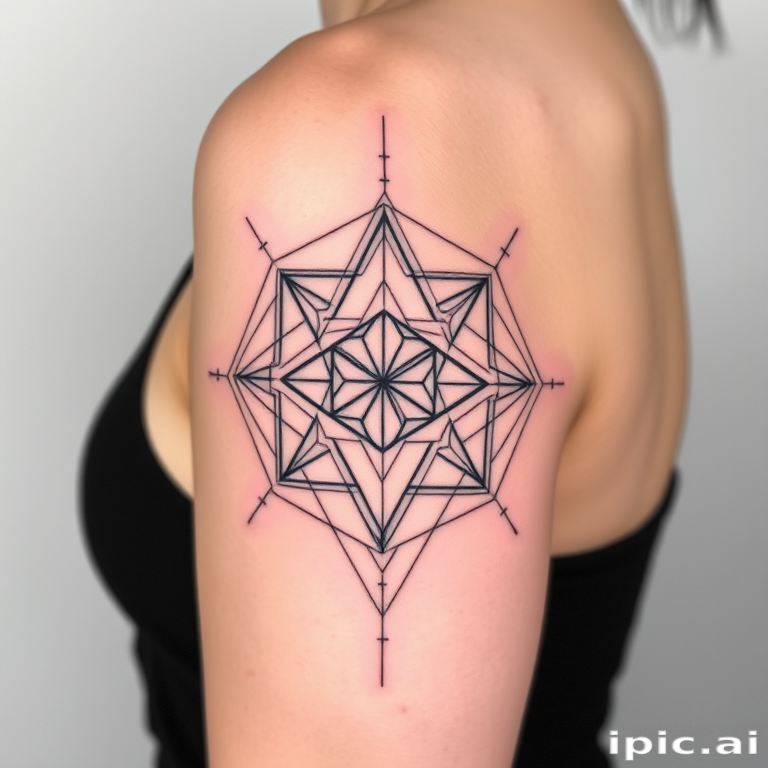 Minimalist blackwork tattoo called "Geometric Harmony" showcasing precise thin lines forming intricate overlapping shapes and sacred geometry patterns creating a striking contrast against the skin