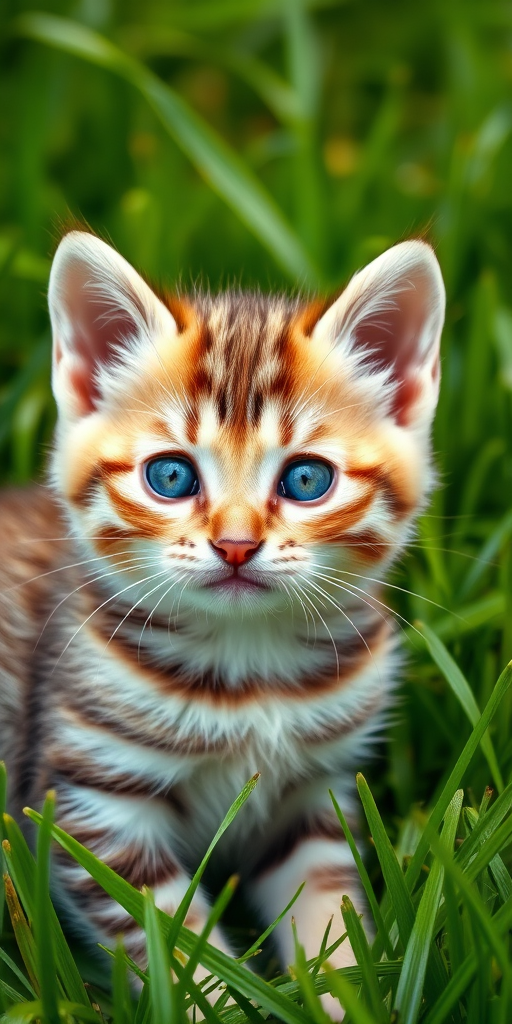 A close-up shot of an adorable kitten with striking blue eyes and a soft striped coat, capturing the intricate details of its fur against a lush green grass background, taken with a DSLR camera at f/1.8, ISO 200, and a shutter speed of 1/500 sec, using natural light for a warm and vibrant atmosphere.