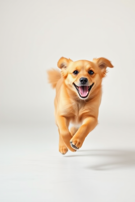 A playful golden dog running in a minimalist setting, captured with a DSLR camera, aperture f/2.8, shutter speed 1/500s, ISO 200, wide-angle lens, high-resolution image.