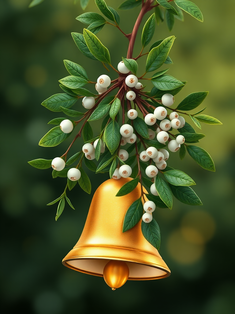 Create a high-resolution illustration of a golden bell draped with lush green mistletoe and white berries, soft bokeh background, using a DSLR camera with a 50mm lens, f/1.8 aperture, 1/250s shutter speed, and ISO 100 for enhanced clarity and depth.