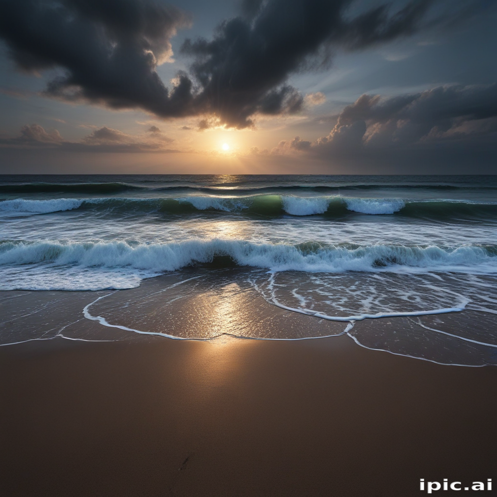 Serene Sunset Over Ocean Waves with Dramatic Clouds and Reflections