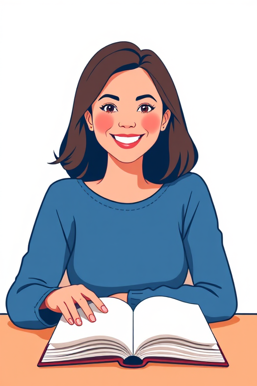 create a vector illustration of a smiling person with shoulder-length hair sitting at a table pointing at an open book, use a flat design style with clean lines and minimal detail, camera view: front view, camera type: digital illustration, camera settings: high resolution, vibrant colors, and balanced contrast