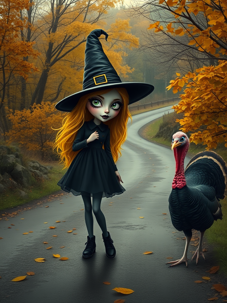 digital art fantasy depicting a strange girl with Yellow hair, long eyelashes, black lipstick and a tall hat walking along a winding road on an autumn afternoon, an Turkey smiles as she passes