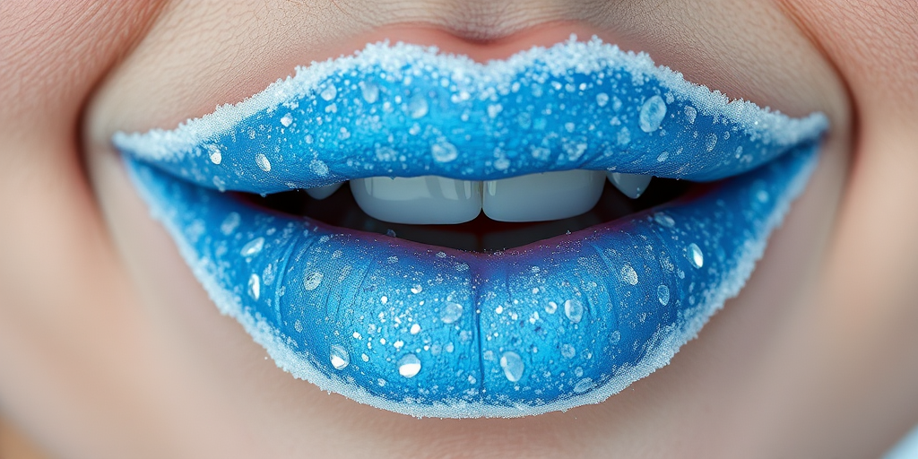 Frosty ice blue lips sparkle with tiny crystals, evoking a winter wonderland aesthetic and adding a touch of magic to any beauty look
