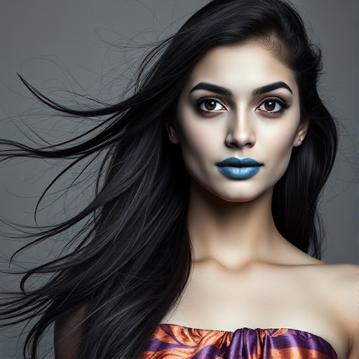 Photographic image of a beautiful young Pakistani woman, brown eyes, lips with blue lipstick, long hair fluttering in the wind and wearing a silk strapless dress with a soft purple and orange print. monochrome image with only color highlights in the iris of the eyes, lipstick and dress. Gray background.
