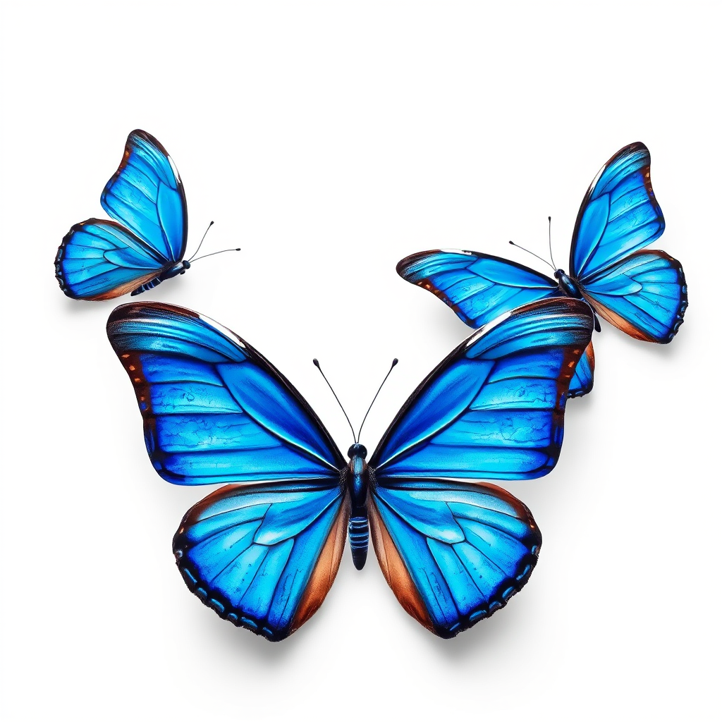 Generate an image of three butterflies with vibrant blue wings and delicate details. The butterflies should be positioned in various angles, showcasing their intricate patterns and colors against a plain background.