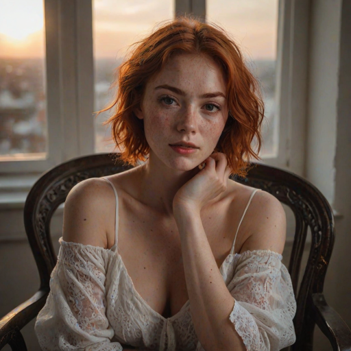 young woman, short messy red hair, light freckles, beautiful face, wearing a loose white cotton lace shirt ,  portrait photo,  posing for a picture in a chair with her hands in her lap, Ayshia Ta k n, parted lips, round cleavage, collarbone, bare shoulders, natural light, a portrait, art nouveau, sunset light through a window, darkly lit, shadows across face