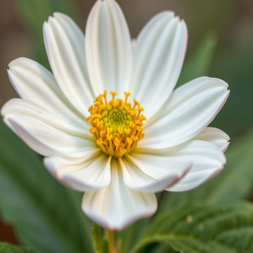 Regenerate the image of a stylized flower with white petals, a yellow center, and green leaves using a DSLR camera at f/8 aperture, ISO 100, 50mm lens, natural light, macro view, and vibrant colors.