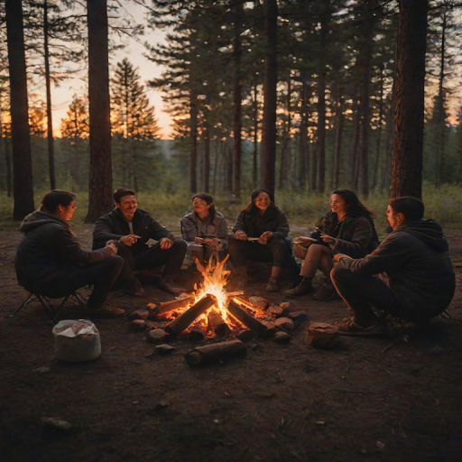 Low-resolution photo of a group of friends sitting around a campfire at dusk, soft glow from the flames illuminating their faces, distant laughter filling the air, marshmallows roasting on sticks, shadows flickering on the trees surrounding the campsite.