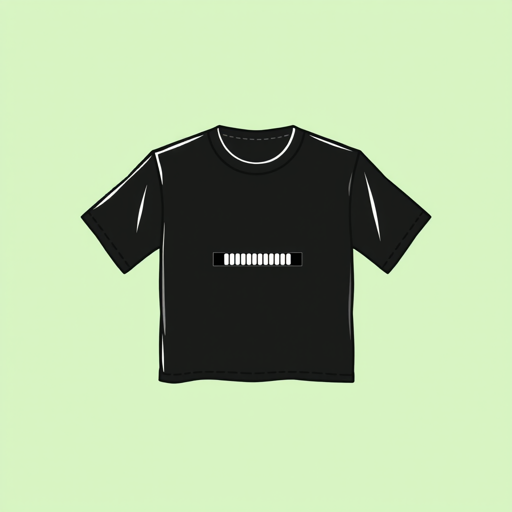 Create a high-resolution illustration of a black t-shirt with a loading bar graphic centered on the front, with a minimalist pastel green background, shot with a Canon EOS R5 camera, 50mm lens, f/1.8 aperture, ISO 100, natural lighting, soft focus for a modern look.