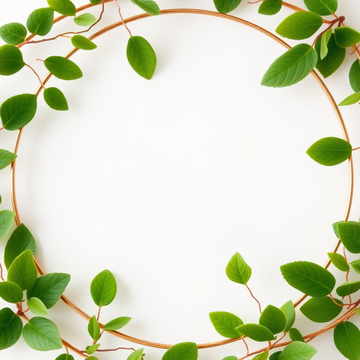 Create a circular floral frame with vibrant green leaves on a gold wire circle against a soft white background using a high-resolution DSLR camera, 50mm lens, f/2.8 aperture, ISO 100, and natural light for enhanced clarity and color vibrancy.