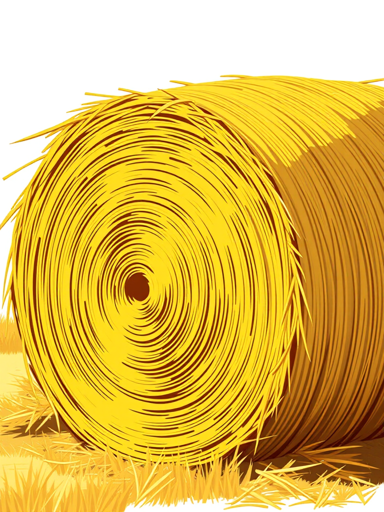 Create a high-quality illustration of a straw bale with vibrant yellow color, taken from a slightly elevated angle, using a DSLR camera with an aperture of f/5.6, ISO 100, and a focal length of 50mm, ensuring detailed texture and shading.