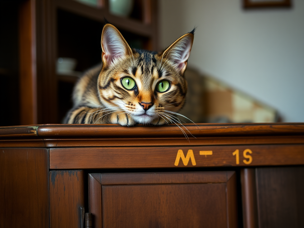 A tabby cat with bright green eyes lounging on a vintage wooden cabinet, low-key lighting, shot with a 50mm lens at f/1.8, ISO 100, 1/125 sec, taken with a DSLR camera, soft focus background.
