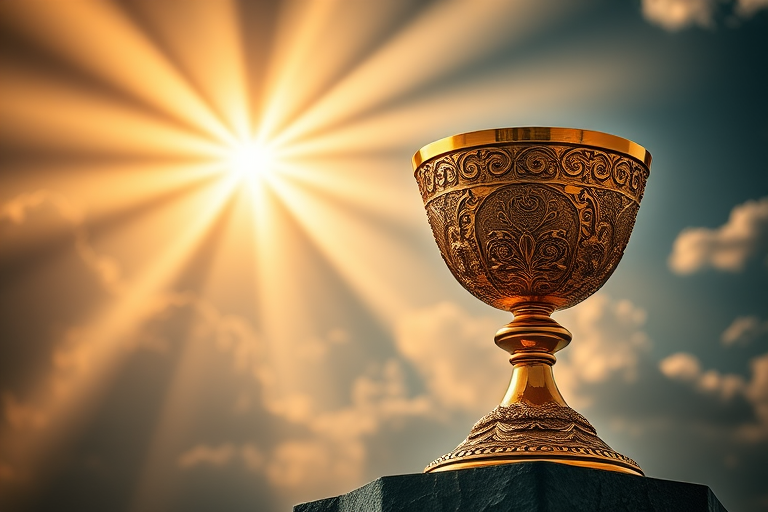 Generate a high-resolution image of an ornate golden chalice with intricate details, illuminated by radiant beams of light against a dramatic sky with clouds, shot with a 50mm lens at f/1.8, with soft bokeh and a warm color palette, in a studio lighting style using a DSLR camera.