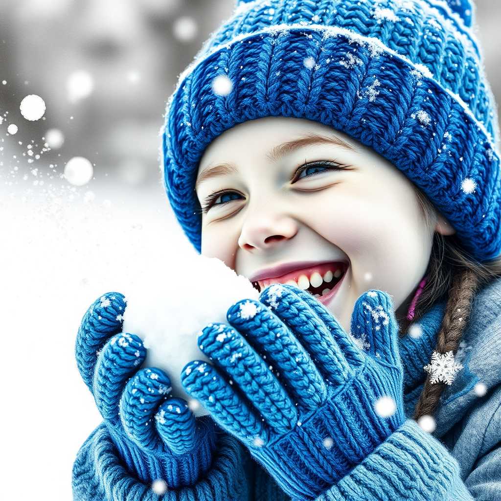 A hyperdetailed photorealistic macro image black and white pencil sketch of a young girl getting hit by a snowball during a snowball fight. She is wearing a brilliant sapphire blue wool beanie and bright blue mittens. She is trying to block the snowball by putting her hands up. The snowball hits her beanie and disintegrates into myriad tiny snowflakes caught with high speed photography. The girl is laughing and having a wonderful time.