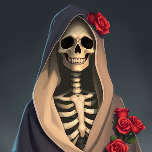 Create a digital illustration of a skeleton figure wearing a hooded cloak adorned with roses, captured in a portrait style with soft lighting, using a DSLR camera set to f/2.8 aperture, ISO 100, and a 50mm lens for a shallow depth of field.