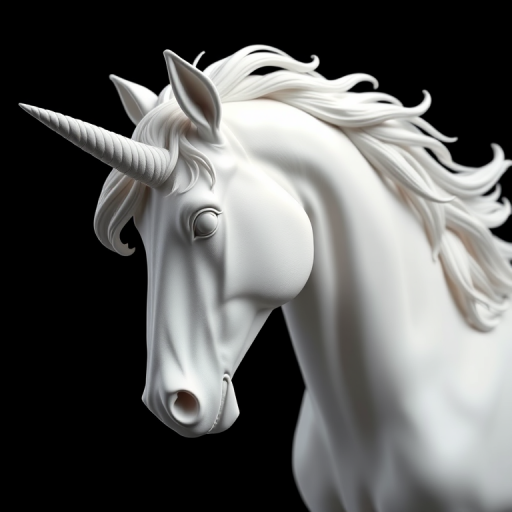 regenerate a highly detailed and realistic 3D sculpture of a white unicorn with flowing mane and a single horn against a seamless black background, using a DSLR camera with an aperture of f/1.8, shutter speed of 1/125s, ISO 100, 50mm lens, in low-key lighting for dramatic effect