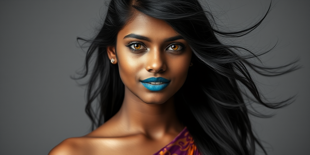 Photographic image of a beautiful young Sri Lankan woman, Yellow eyes, lips with cyan lipstick, long hair fluttering in the wind and wearing a silk strapless dress with a soft purple and orange print. monochrome image with only color highlights in the iris of the eyes, lipstick and dress. Gray background.