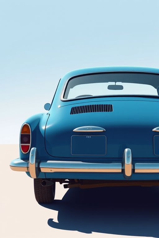 Create a high-resolution illustration of a blue vintage car from a three-quarter rear view with soft shadows, using a DSLR camera effect, aperture f/8, ISO 100, and 50mm lens.