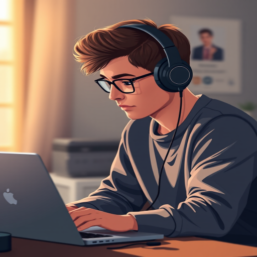 Create a digital illustration of a young man sitting at a desk, wearing headphones and focused on a laptop, use a shallow depth of field for background blur, shot with a Canon EOS R, 50mm lens, f/1.8 aperture, soft natural lighting.