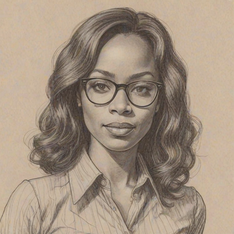 Resplendent Monique Coleman, pencil sketch, portrait of Fetching woman 1975s in glasses, hair style beatnik, outline, clear lines, fine lines, 8k