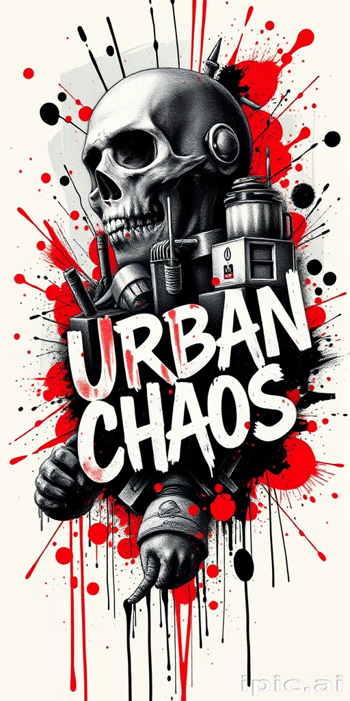 Trash polka tattoo titled "Urban Chaos" combining realistic black and gray elements with abstract red splashes and typography, creating a dynamic and edgy composition