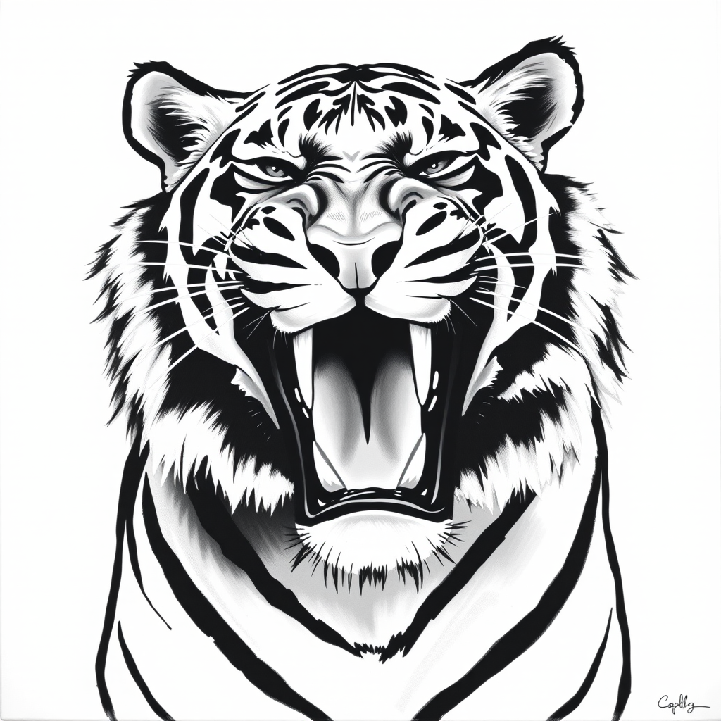 Abstract black and white acrylic portrait of an over exaggerated laughing (tiger). Minimalism style. White background.