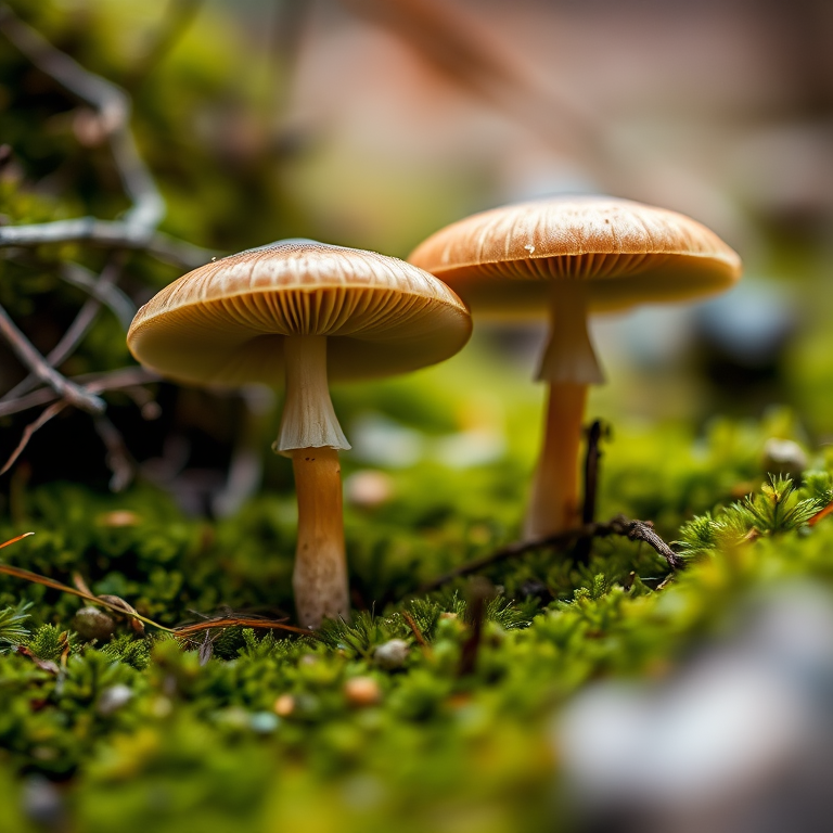 Regenerate a close-up image of two mushrooms growing on mossy ground with a shallow depth of field, using a DSLR camera at f/2.8, ISO 200, 1/60s, with a macro lens, and natural lighting to enhance details and colors.