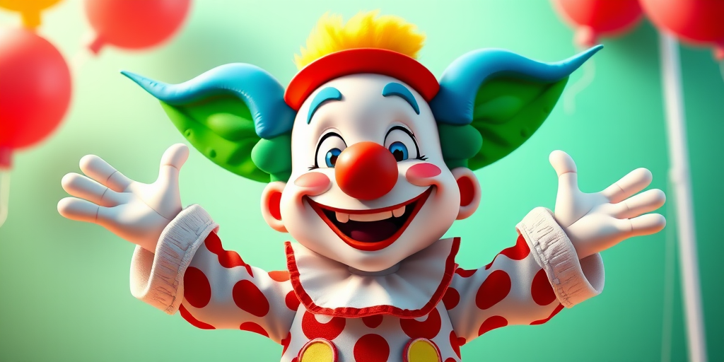 Create a vibrant, high-resolution cartoon illustration of a cheerful clown with oversized ears and a big smile, standing with arms outstretched, captured in a close-up view with a digital camera using a 50mm lens at f/2.8, ISO 100, and a shallow depth of field to enhance the colors and details.