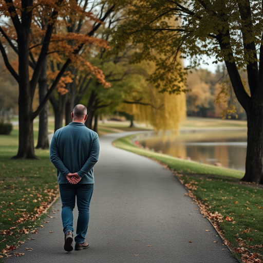 A serene park scene featuring a man with his hands clasped behind his back, walking along a tree-lined path by a calm lake with autumn foliage in the background, captured with a Canon EOS 5D Mark IV, f/4 aperture, 50mm lens, ISO 100, and a shallow depth of field to enhance background blur.