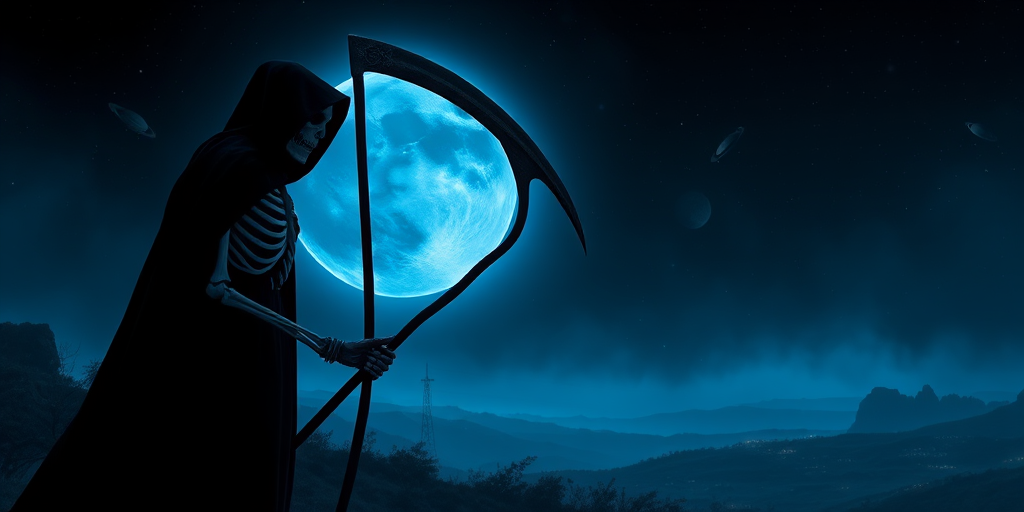 Create a dark and haunting image of a skeletal figure cloaked in black, holding a scythe, set against a glowing blue moon with an otherworldly landscape filled with distant planets, using a DSLR camera with a 50mm lens, f/1.8 aperture, ISO 100, and a long exposure to enhance the ethereal light effects.