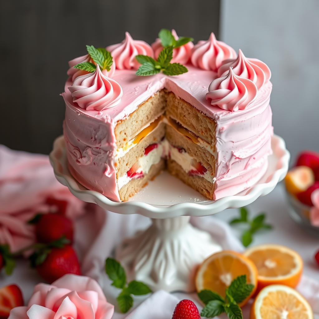 A beautifully layered cake with light brown sponge and pink frosting, topped with swirls of pink meringue and garnished with fresh mint leaves, displayed on a white ornate cake stand, with a slice cut out to reveal its creamy filling and fruit layers, surrounded by soft pastel colors and fresh fruit.