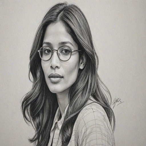 Charming Freida Pinto, pencil sketch, portrait of Splendid woman 1969s in glasses, hair style beatnik, outline, clear lines, fine lines, 8k