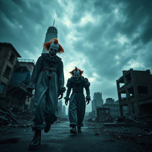 Create a dark, atmospheric scene featuring a creepy clown in tattered clothing walking through a dystopian cityscape with ruined buildings and a stormy sky, using a Canon EOS R5 camera, 35mm lens, f/2.8 aperture, ISO 100, and a low-angle view to enhance depth, with dramatic lighting and high contrast for an eerie effect.