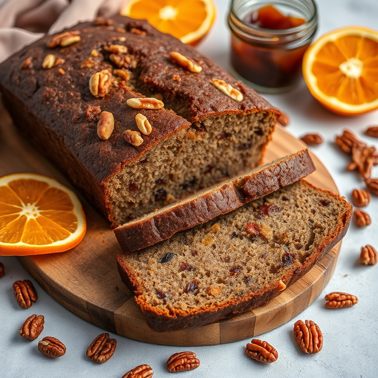 A beautifully styled image of a loaf cake with a rich, dark texture featuring nuts and dried fruits sliced on a wooden board surrounded by orange slices and dried apple chips with a small jar of fruit jam in the background and scattered pecans on a light gray surface.