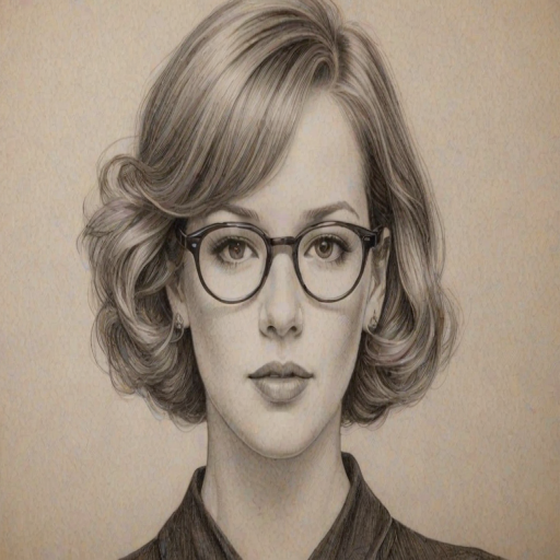 Exquisite Molly Ringwald, pencil sketch, portrait of Enticing woman 1935s in glasses, hair style beatnik, outline, clear lines, fine lines, 8k