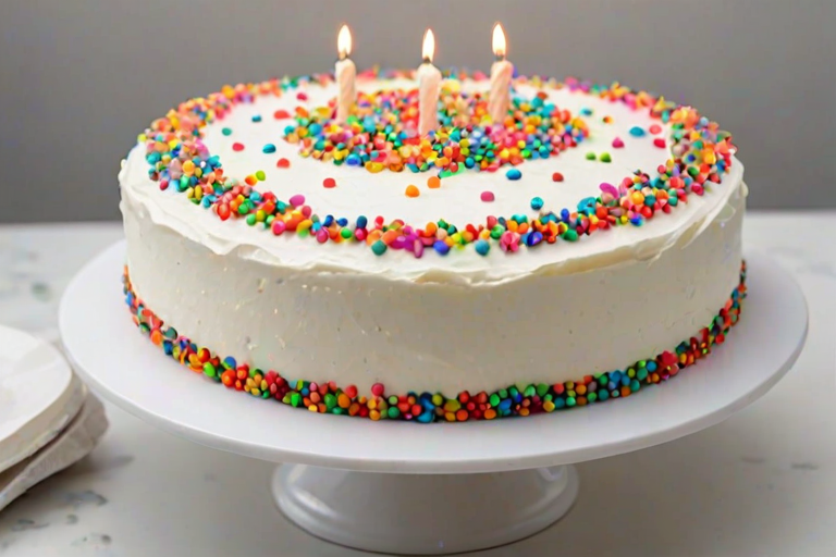 Create an image of a round cake with a smooth white frosting decorated with colorful sprinkles. The top of the cake should have a vibrant pink frosting border, and there should be four lit candles in various colors placed in the center. The cake is sitting on a white pedestal stand against a light background.