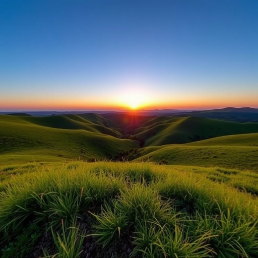 Generate a high-resolution image of a serene landscape with lush green hills and a clear blue sky at sunset, shot with a Canon EOS R5, 50mm lens, f/1.8 aperture, ISO 100, 1/200s shutter speed, in a wide-angle view for a breathtaking depth of field and vibrant colors.