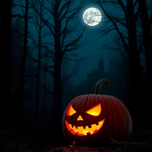 Generate a high-quality image of a spooky Halloween scene featuring a carved pumpkin with an eerie glow, set in a dark, misty forest with towering trees and a distant castle silhouette under a full moon, shot with a DSLR camera at f/2.8 aperture, ISO 200, 24mm focal length, in low light conditions with a focus on the pumpkin and soft background blur.