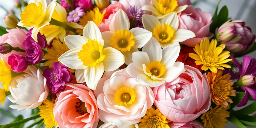 A vibrant floral arrangement featuring daffodils, peonies, and other blossoms, captured in high detail with a Canon EOS R5, f/2.8 aperture, ISO 100, 85mm lens, natural light, shallow depth of field.