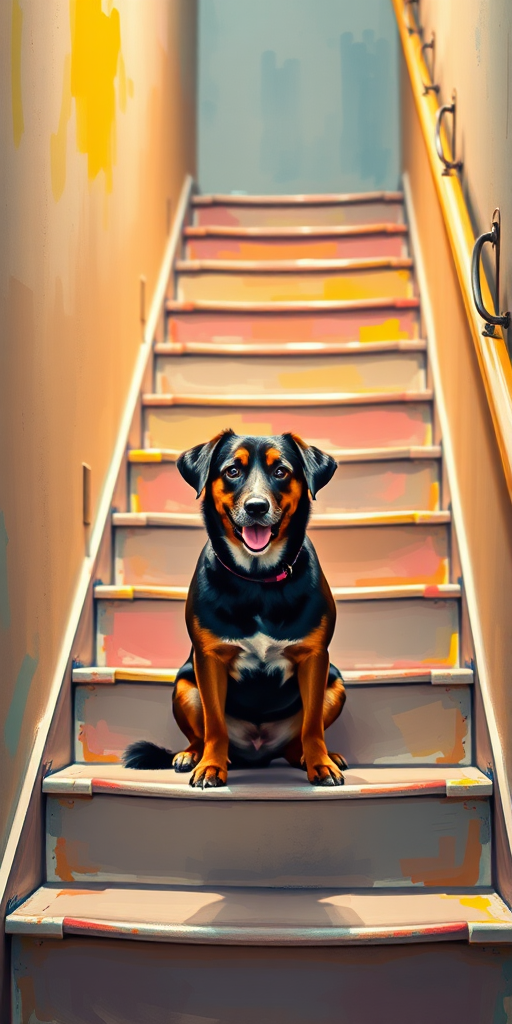 Create an artistic image of a dog sitting on a staircase, using vibrant colors and an impressionist style, captured with a Canon EOS R5, 50mm lens, aperture f/1.8, ISO 200, at a slight angle for depth.